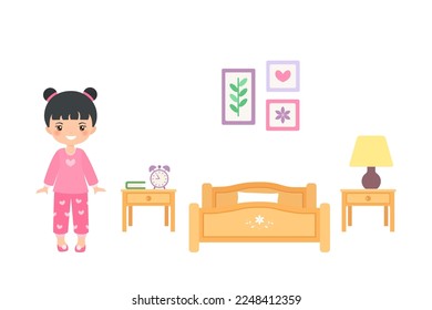 Una chibi china, linda, vestida con pijamas en el dormitorio. El concepto de la casa de muñecas. Caricatura de estilo plano. Ilustración del vector