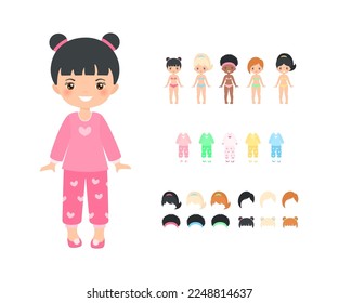 Cute Chinese chibi girl dressed in pajamas. Dress up paper doll. Doll house interior concept. Cartoon flat style. Vector illustration