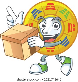Cute chinese circle feng shui cartoon character having a box