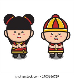 cute chinese couple karaker wearing traditional clothes with greeting pose, cute character vector eps 10 on white background
