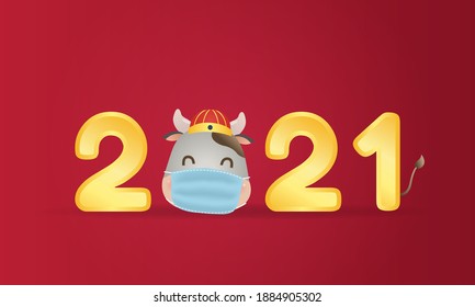 Cute Chinese cow head mascot wearing a face mask. Happy new year 2021 text logo. Corona virus pandemic vector.