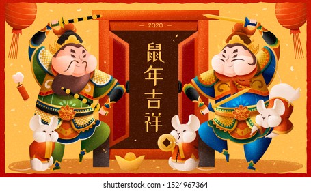 Cute Chinese door gods holding sword and rats on chrome yellow background for lunar new year, auspicious rat year written in Chinese words