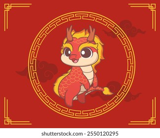 Cute chinese dragon with Asian pattern, vector illustration