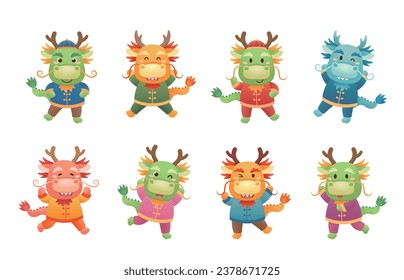 Cute Chinese dragon character or mascot with Chinese New Year, Year of the Dragon, cartoon playful and fun style, vector set