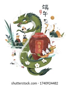 Cute Chinese dragon holding delicious rice dumpling and sitting on a wine jar, Chinese translation: Duanwu, 5th May in lunar calendar, and realgar wine