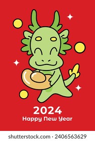 Cute chinese dragon holding gold sycee ingot with luck coins. Chinese new year of the dragon 2024 greetings card illustration.