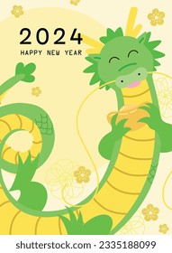 Cute chinese dragon holding a golden sycee ingot (yuanbao) new year card template vector. Wishing wealth and good luck for lunar new year 2024, oriental plum blossoms in background.