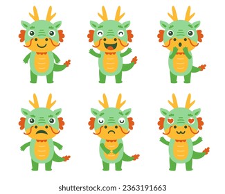 Cute Chinese dragon vector characters collection. Dragons with different emotions icon set isolated on white background