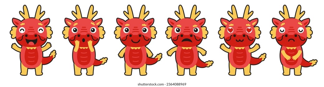 Cute Chinese dragon vector characters collection. Dragons with different emotions icon set isolated on white background