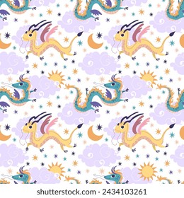 Cute Chinese dragon. Vector illustration, seamless pattern
