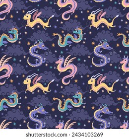 Cute Chinese dragon. Vector illustration, seamless pattern on blue background