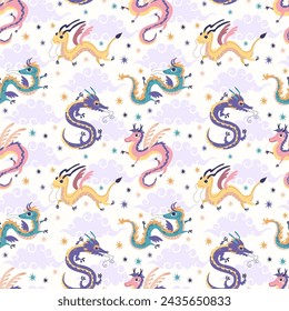 Cute Chinese dragon. Vector illustration, seamless pattern