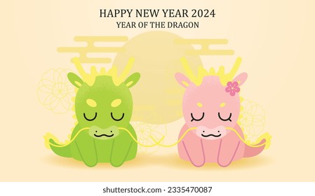 Cute chinese dragons couple bowing wishing happy new year. Year of the dragon 2024, lunar new year greetings card vector template.