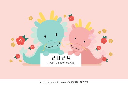 Cute chinese dragons couple holding a signboard wishing a happy chinese new year 2024. Year of the dragon greetings card or banner, lunar new year celebration. Dragons family.
