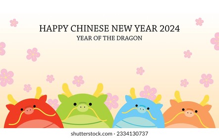 Cute chinese dragons greetings card. Year of the dragon 2024 banner with plum blossoms in background. Wishing a happy lunar new year in Asia. Different zodiac dragons lined up.