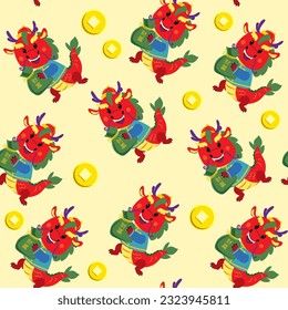Cute chinese dragons seamless pattern on a yellow background. Wealth lettering in Chinese. Happy New Year Symbol 2024. Vector illustration cartoon animals