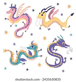 Cute Chinese dragons. Set of elements. Vector illustration, children's