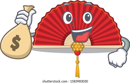 Cute chinese folding fan cartoon character smiley with money bag