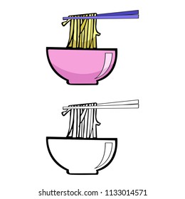 cute chinese food, noodle in a bowl with chopstick or japanese food, ramen cartoon object, vector doodle art