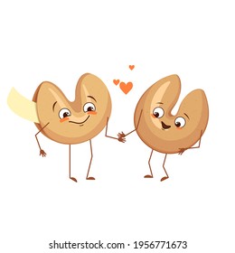 Cute chinese fortune cookies characters with love emotions, face, arms and legs. The funny or happy heroes, festive sweets fall in love. Vector flat illustration