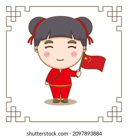 Cute Chinese girl cartoon character holding flag