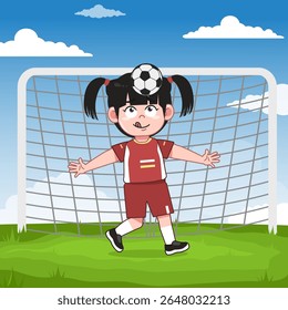 Cute Chinese Girl Cartoon Character Playing Football Head Ball Control