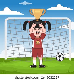 Cute Chinese Girl Cartoon Character Playing Football Lifting Trophy
