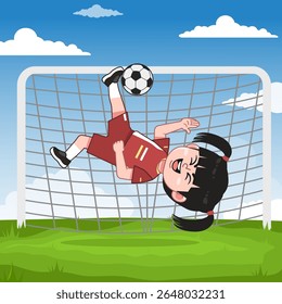 Personagem chinês bonito dos desenhos animados jogando futebol sobre chute na cabeça