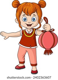 Cute chinese girl cartoon holding chinese lantern