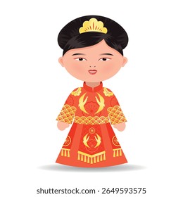 Cute Chinese girl celebrates the new year. Girl in full growth, dressed in Chinese national costume, embroidered with gold. Chinese empress, queen. EPS10