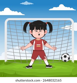 Cute Chinese Girl Character Playing Football Goal Pose