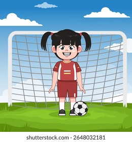 Cute Chinese Girl Character Playing Football Stand and Smile