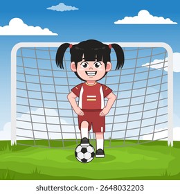 Cute Chinese Girl Character Playing Football Pose
