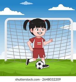 Cute Chinese Girl Character Playing Football Run
