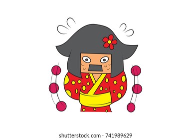 Cute Chinese Girl Character . Vector Illustration. Isolated on white background.