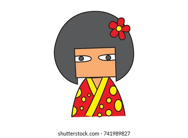Cute Chinese Girl Character . Vector Illustration. Isolated on white background.
