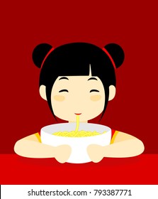 Cute Chinese girl eating noodle vector

