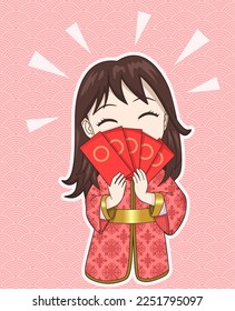 Cute Chinese girl holding angpao money on envelope, Chinese new year celebrate concept in cartoon illustration vector
