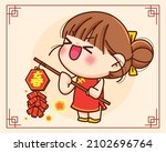 Cute chinese girl holding firecracker chinese happy chinese year character festival celebration hand drawn cartoon art illustration