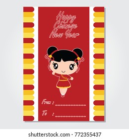 Cute Chinese girl on red background vector cartoon illustration for Chinese New Year card design, postcard, and wallpaper