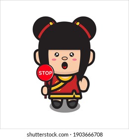 cute chinese girl in traditional costume with stop sign, mascot character chinese boy vector eps 10 on white background