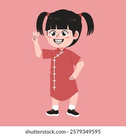 Cute Chinese Girl with Twin tail Black Hair cartoon show Three suitable for education purpose