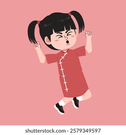 Cute Chinese Girl with Twin tail Black Hair cartoon hooray happy suitable for education purpose