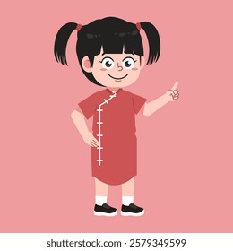 Cute Chinese Girl with Twin tail Black Hair cartoon hand pointing explained suitable for education purpose