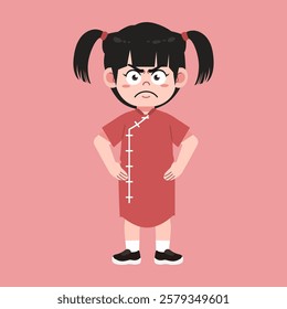 Cute Chinese Girl with Twin tail Black Hair cartoon angry and mad hand on hip suitable for education purpose