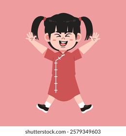 Cute Chinese Girl with Twin tail Black Hair cartoon happy jump hooray suitable for education purpose 