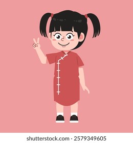 Cute Chinese Girl with Twin tail Black Hair cartoon peace sign show two suitable for education purpose 