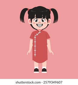 Cute Chinese Girl with Twin tail Black Hair cartoon happy smile suitable for education purpose 