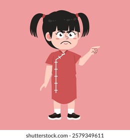 Cute Chinese Girl with Twin tail Black Hair cartoon blame and angry suitable for education purpose 