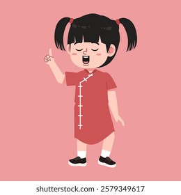 Cute Chinese Girl with Twin tail Black Hair cartoon pointing hand suitable for education purpose